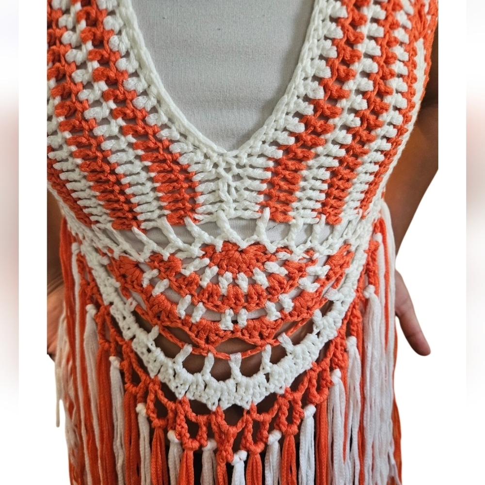 Hand Crafted Crochet Orange White Crop Top Fringe Summer - Picture 10 of 17